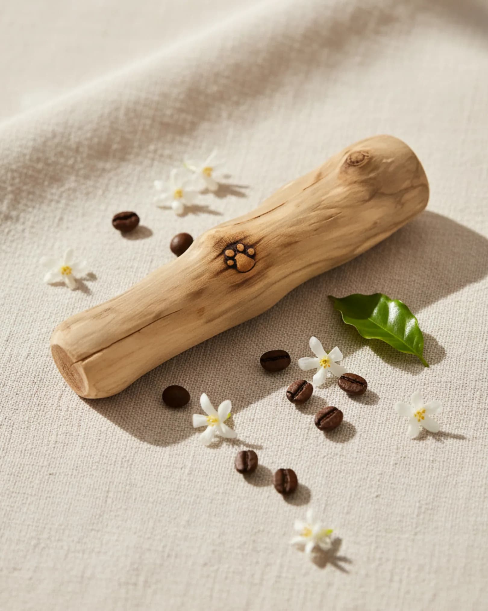 Palito de café con flores de cafeto y granos de café