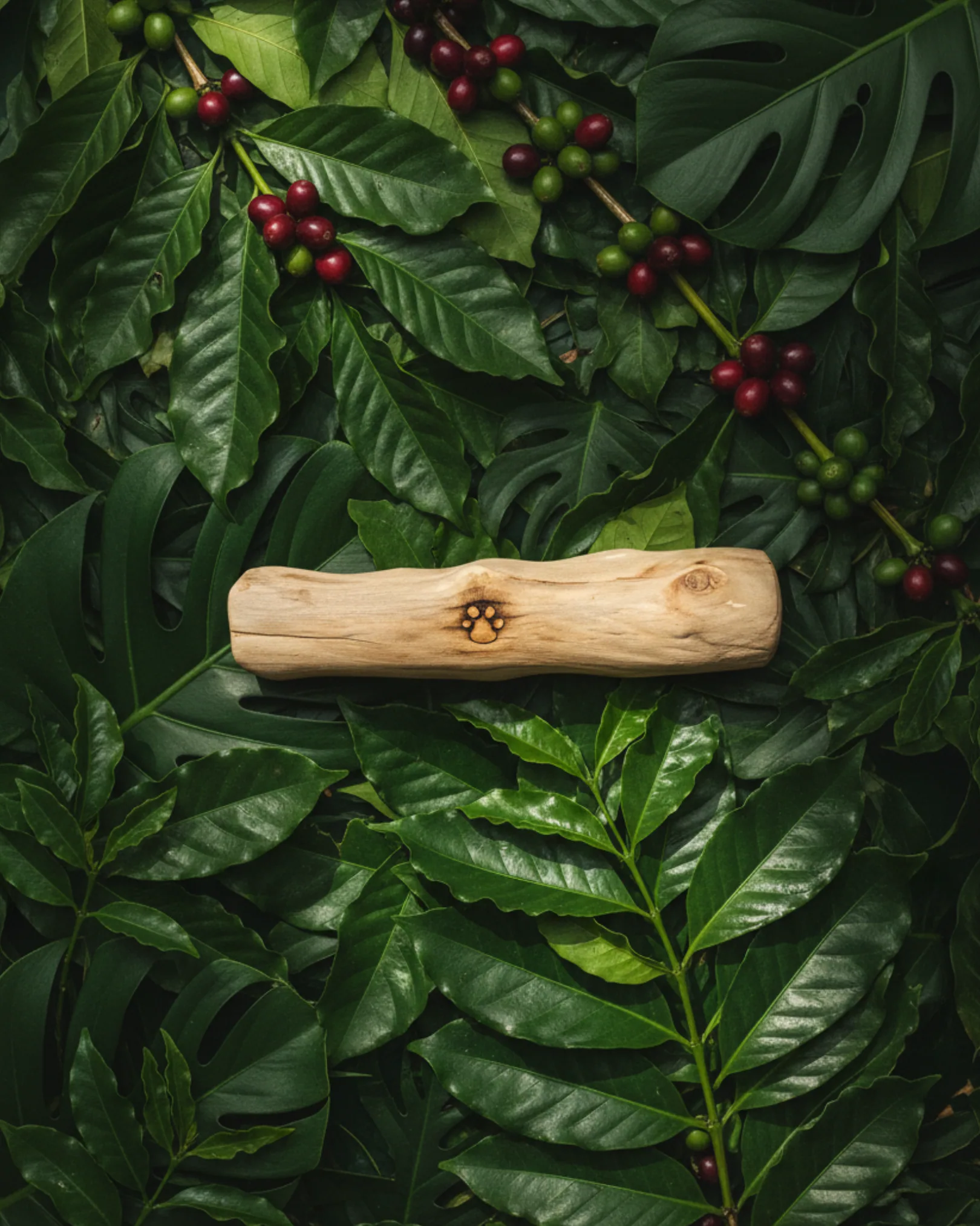 Palito de café Patitas Amorosas sobre hojas de cafeto