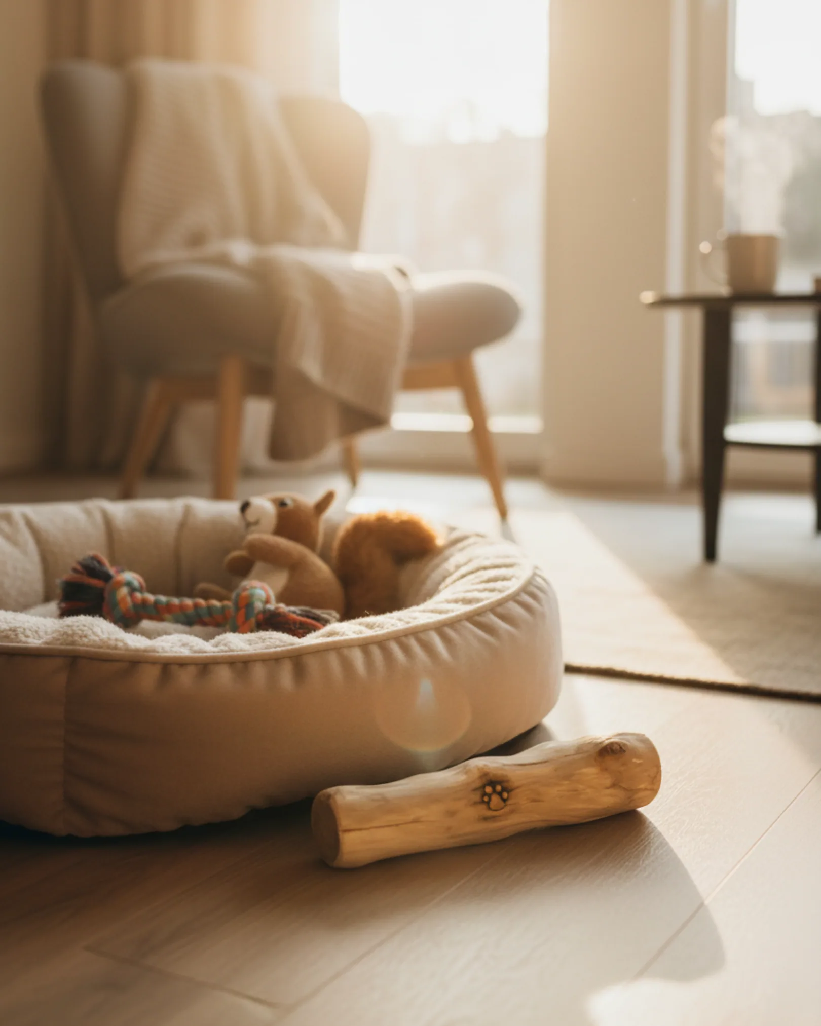 Palito de café junto a la cama de una mascota en un hogar cálido